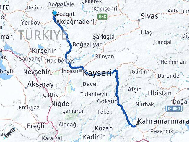 Yozgat Onikişubat Kahramanmaraş Arası Kaç Km - Yol Haritası