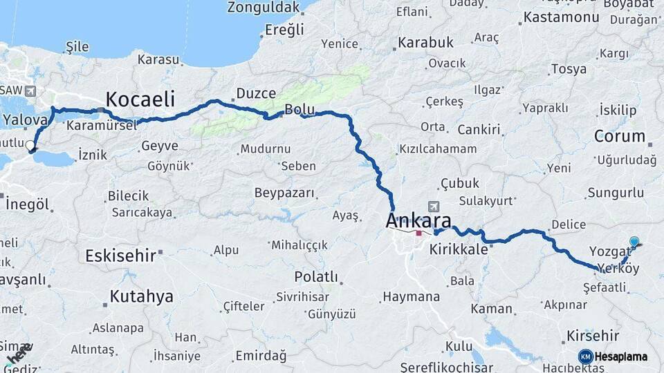 Yozgat Orhangazi Bursa Arası Kaç Km - Yol Haritası