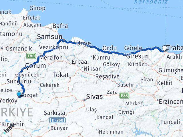 Yozgat Ortahisar Trabzon Arası Kaç Km - Yol Haritası