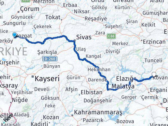 Yozgat Palu Elazığ Arası Kaç Km - Yol Haritası