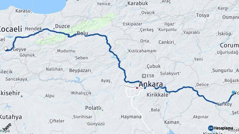 Yozgat Pamukova Sakarya Arası Kaç Km - Yol Haritası