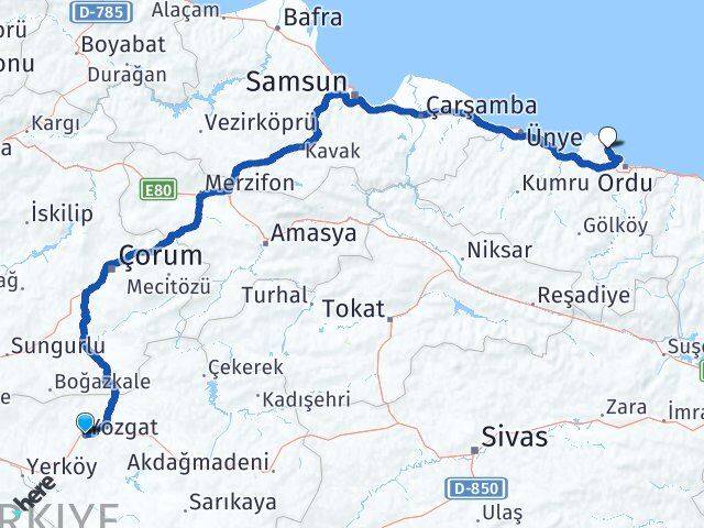 Yozgat Perşembe Ordu Arası Kaç Km - Yol Haritası