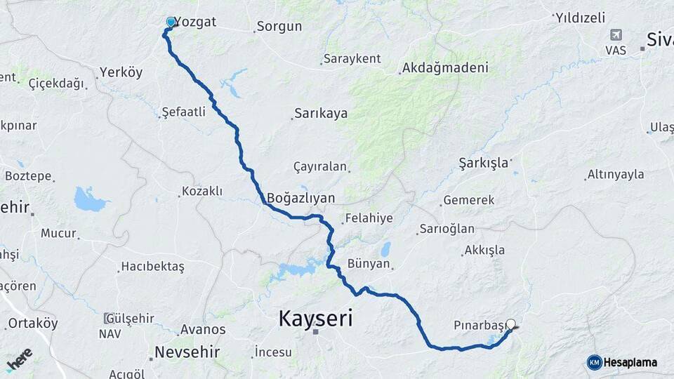 Yozgat Pınarbaşı Kayseri Arası Kaç Km - Yol Haritası
