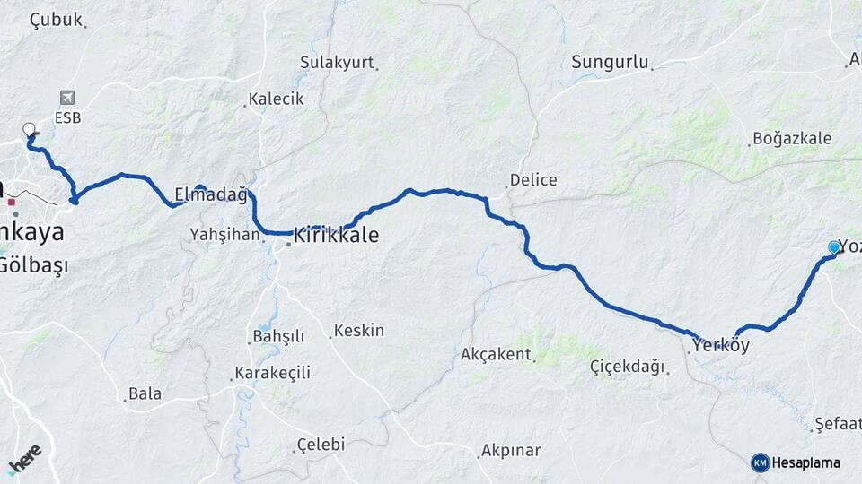 Yozgat Pursaklar Ankara Arası Kaç Km - Yol Haritası