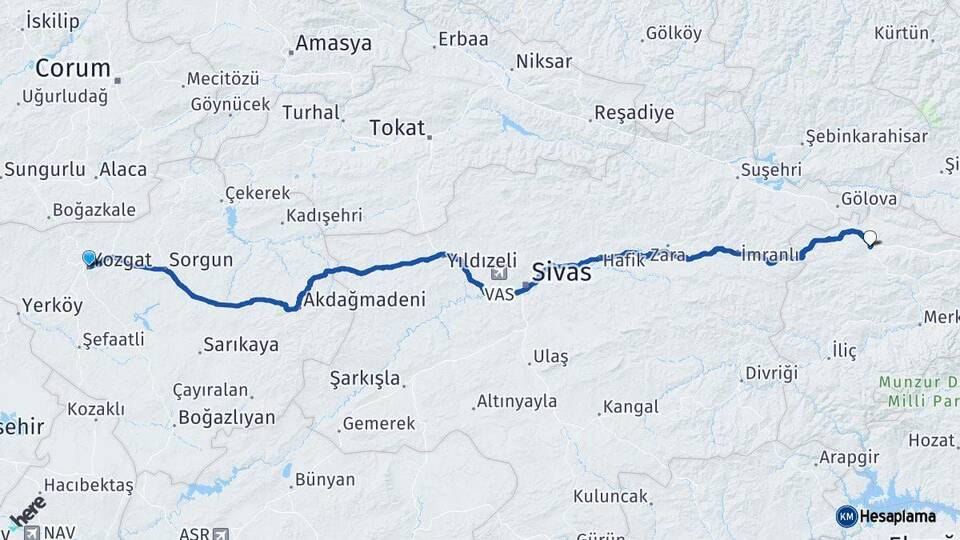 Yozgat Refahiye Erzincan Arası Kaç Km - Yol Haritası