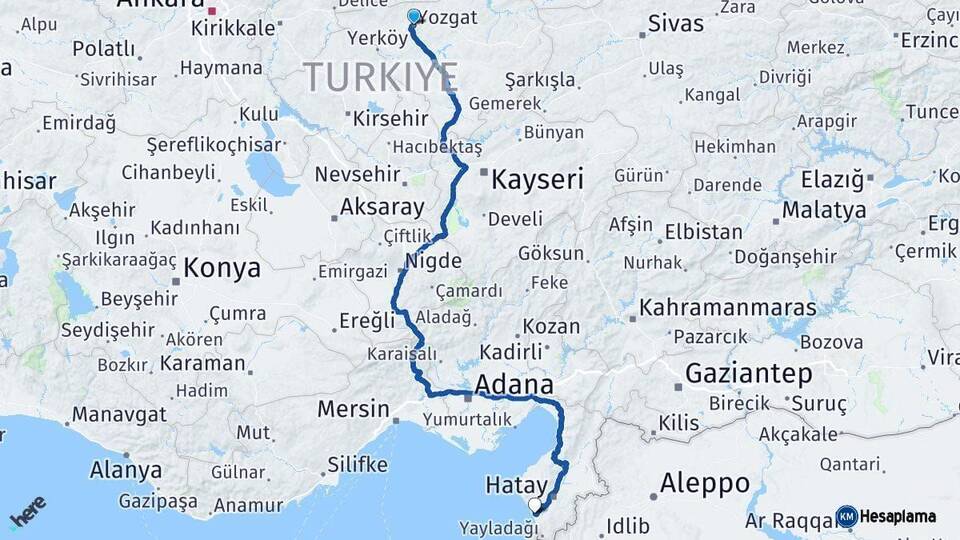 Yozgat Samandağ Hatay Arası Kaç Km - Yol Haritası