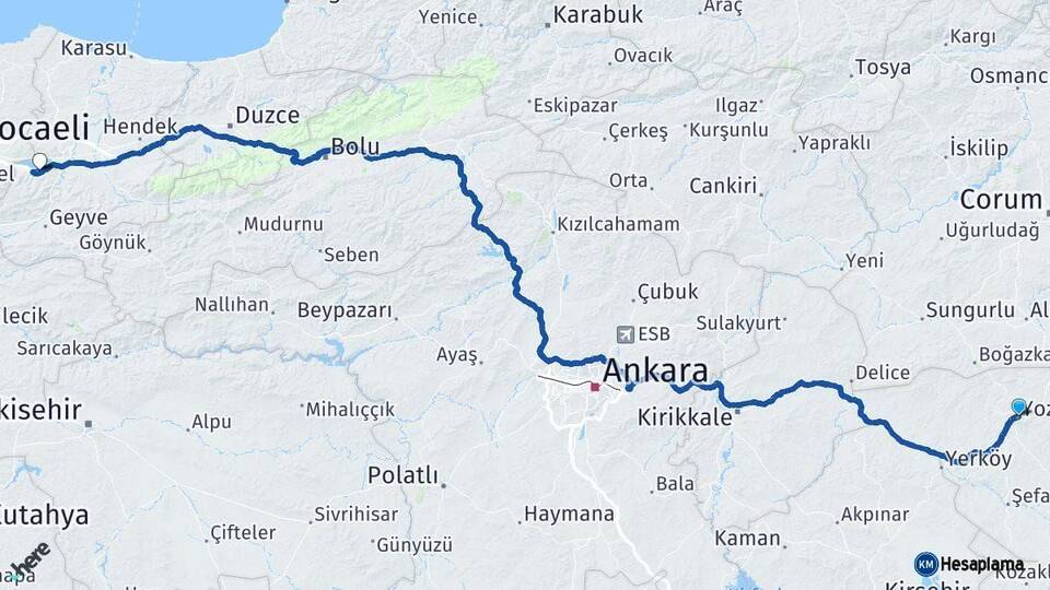 Yozgat Sapanca Sakarya Arası Kaç Km - Yol Haritası