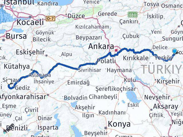 Yozgat Şaphane Kütahya Arası Kaç Km - Yol Haritası