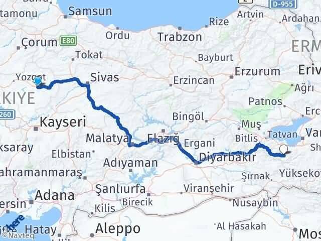 Yozgat Saraykent Bahçesaray Van Arası Kaç Km - Yol Haritası