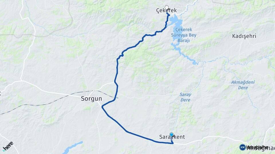 Yozgat Saraykent Çekerek Arası Kaç Km - Yol Haritası