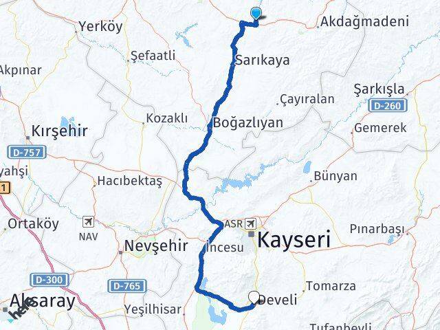 Yozgat Saraykent Develi Kayseri Arası Kaç Km - Yol Haritası