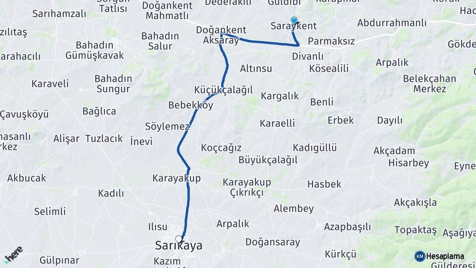 Yozgat Saraykent Sarıkaya Arası Kaç Km - Yol Haritası