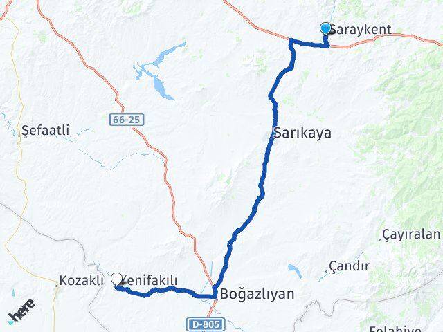 Yozgat Saraykent Yenifakılı Arası Kaç Km - Yol Haritası