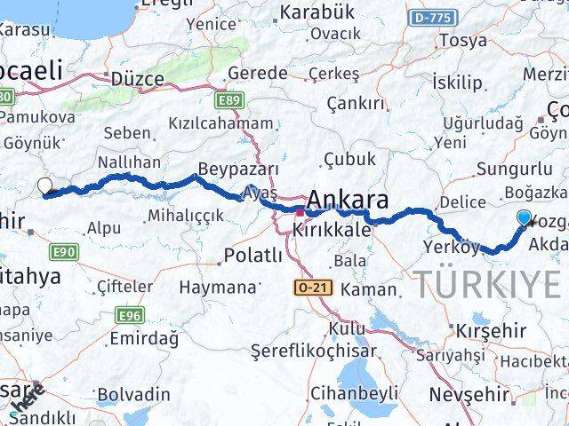 Yozgat Sarıcakaya Eskişehir Arası Kaç Km - Yol Haritası