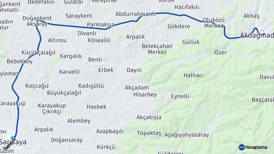Yozgat Sarıkaya Akdağmadeni Arası Kaç Km - Yol Haritası