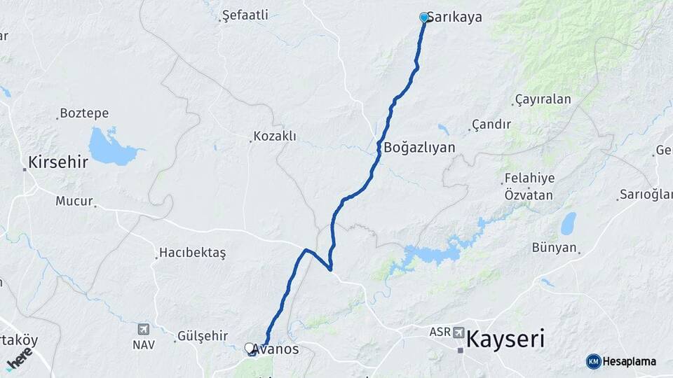 Yozgat Sarıkaya Avanos Nevşehir Arası Kaç Km - Yol Haritası