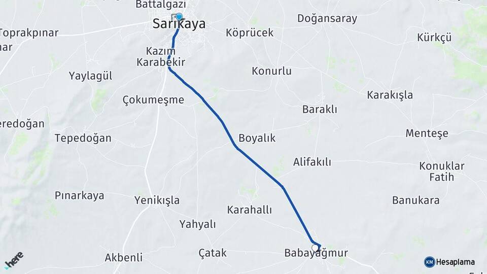 Yozgat Sarıkaya Babayağmur Sarıkaya Arası Kaç Km - Yol Haritası