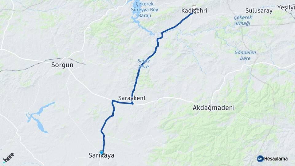 Yozgat Sarıkaya Kadışehri Arası Kaç Km - Yol Haritası