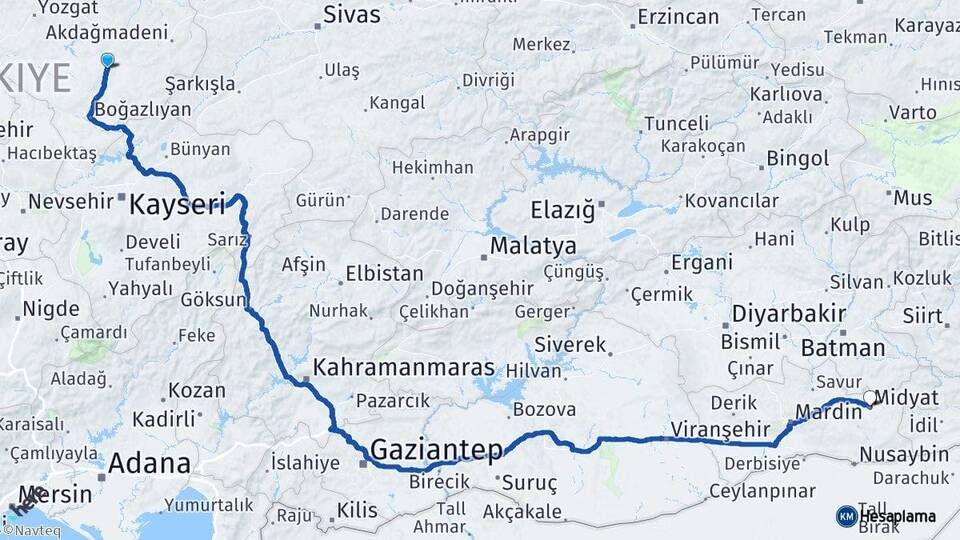 Yozgat Sarıkaya Midyat Mardin Arası Kaç Km - Yol Haritası