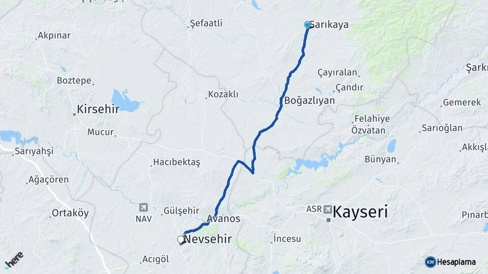 Yozgat Sarıkaya Nevşehir Arası Kaç Km - Yol Haritası