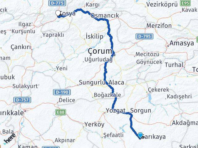 Yozgat Sarıkaya Tosya Kastamonu Arası Kaç Km - Yol Haritası
