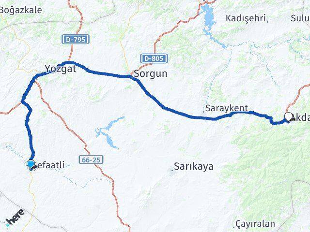 Yozgat Şefaatli Akdağmadeni Arası Kaç Km - Yol Haritası