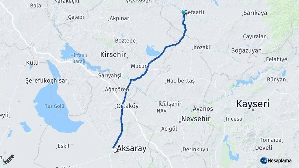 Yozgat Şefaatli Aksaray Arası Kaç Km - Yol Haritası