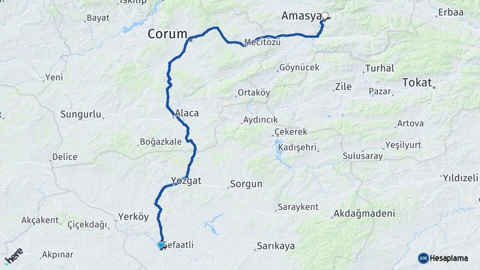 Yozgat Şefaatli Amasya Arası Kaç Km - Yol Haritası