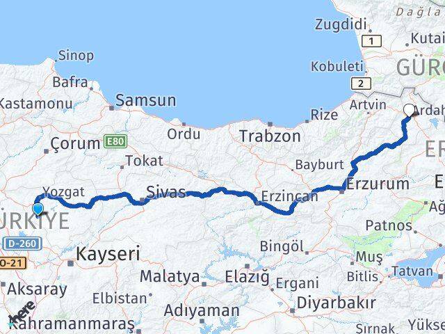 Yozgat Şefaatli Ardahan Arası Kaç Km - Yol Haritası