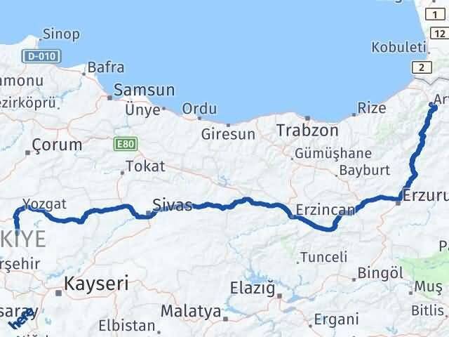 Yozgat Şefaatli Artvin Arası Kaç Km - Yol Haritası