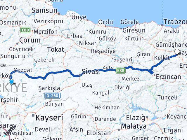 Yozgat Şefaatli Bayburt Arası Kaç Km - Yol Haritası