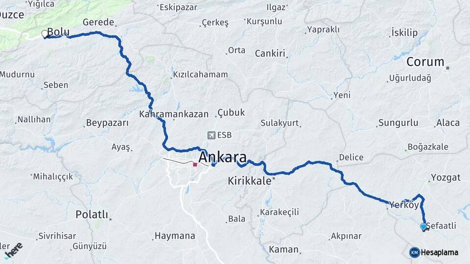 Yozgat Şefaatli Bolu Arası Kaç Km - Yol Haritası