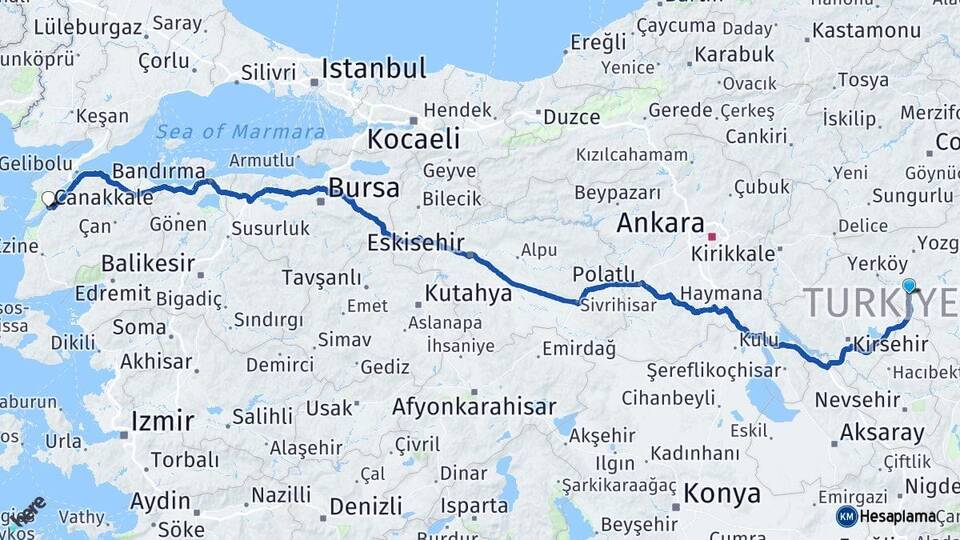 Yozgat Şefaatli Çanakkale Arası Kaç Km - Yol Haritası