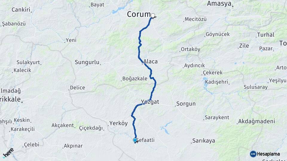 Yozgat Şefaatli Çorum Arası Kaç Km - Yol Haritası