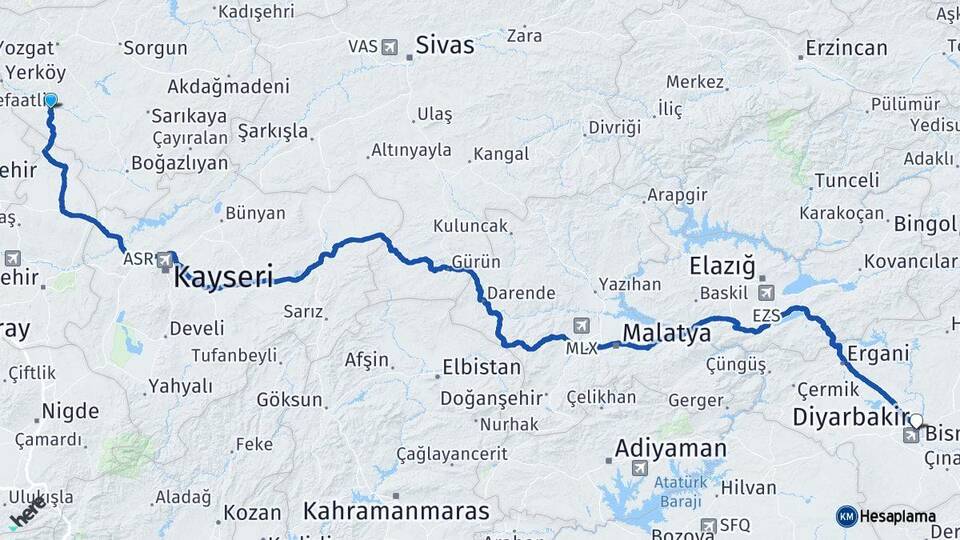 Yozgat Şefaatli Diyarbakır Arası Kaç Km - Yol Haritası