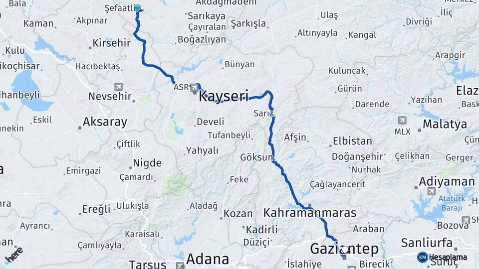 Yozgat Şefaatli Gaziantep Arası Kaç Km - Yol Haritası