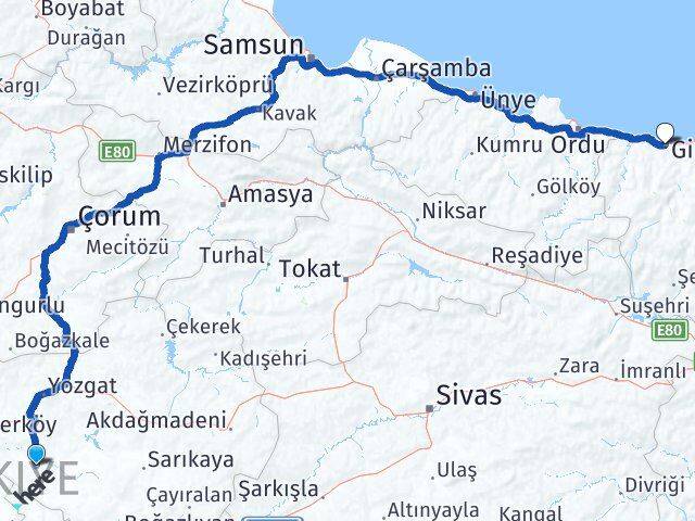 Yozgat Şefaatli Giresun Arası Kaç Km - Yol Haritası