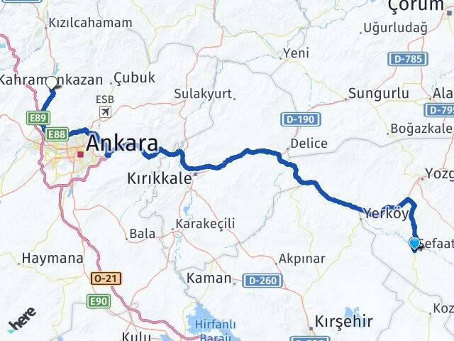 Yozgat Şefaatli Kahramankazan Ankara Arası Kaç Km - Yol Haritası