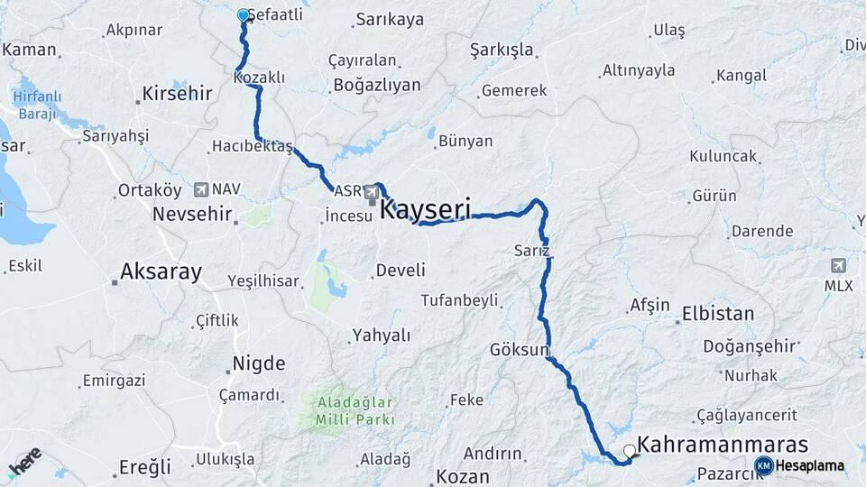 Yozgat Şefaatli Kahramanmaraş Arası Kaç Km - Yol Haritası