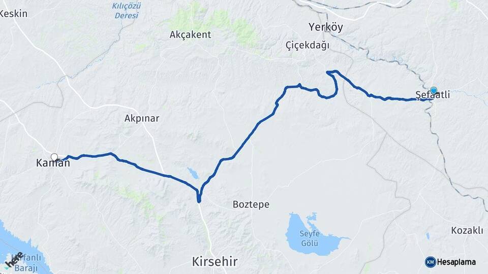 Yozgat Şefaatli Kaman Kırşehir Arası Kaç Km - Yol Haritası