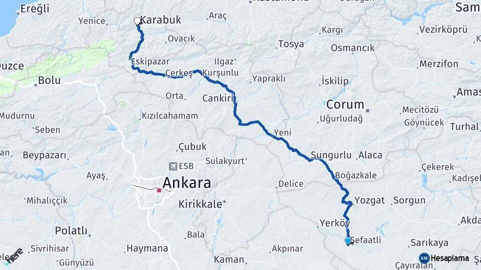 Yozgat Şefaatli Karabük Arası Kaç Km - Yol Haritası