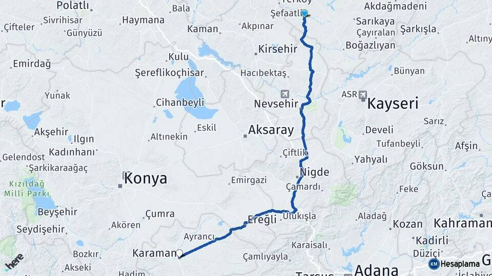Yozgat Şefaatli Karaman Arası Kaç Km - Yol Haritası