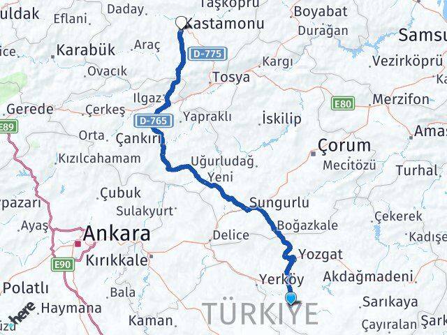 Yozgat Şefaatli Kastamonu Arası Kaç Km - Yol Haritası