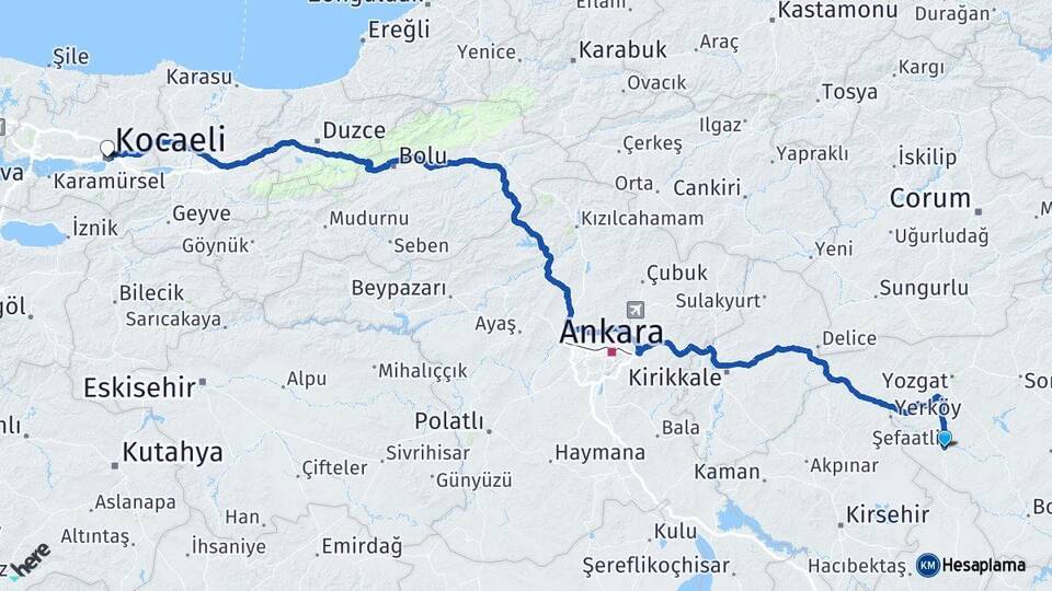 Yozgat Şefaatli Kocaeli Arası Kaç Km - Yol Haritası