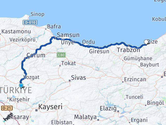 Yozgat Şefaatli Rize Arası Kaç Km - Yol Haritası
