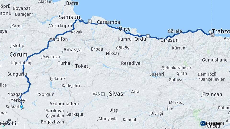 Yozgat Şefaatli Trabzon Arası Kaç Km - Yol Haritası