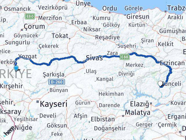 Yozgat Şefaatli Tunceli Arası Kaç Km - Yol Haritası