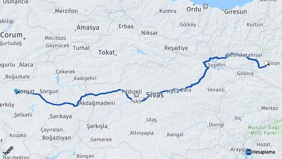 Yozgat Şiran Gümüşhane Arası Kaç Km - Yol Haritası