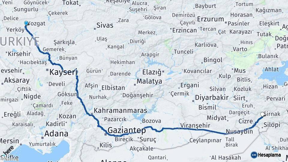 Yozgat Şırnak Arası Kaç Km - Yol Haritası