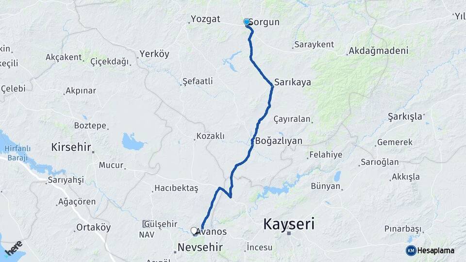 Yozgat Sorgun Avanos Nevşehir Arası Kaç Km - Yol Haritası